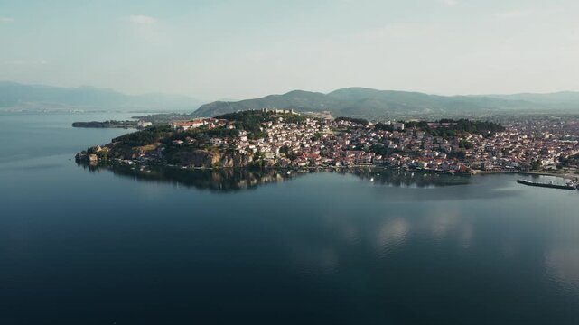 Scenic aerial view of Ohrid, city on the lake, morning, North Macedonia, 4k