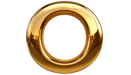 A lustrous, golden ring floats against a black background. Its surface reflects light, revealing shiny highlights and a smooth, curved form