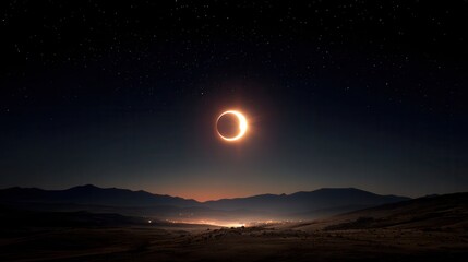Annular Solar Eclipse over a Desert Landscape at Night.