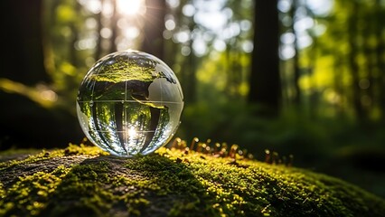 Reflecting a vibrant forest and sunlight, a crystal globe sits on mossy ground, symbolizing ecology and sustainability.