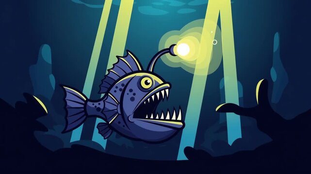 Deepsea anglerfish navigates shadowy waters illuminated by bioluminescent light