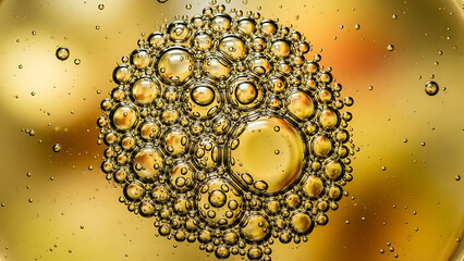 Golden bubbles floating in abstract liquid texture background