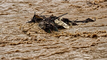 Fototapeta premium Muddy River Carcass Drifting With Debris.