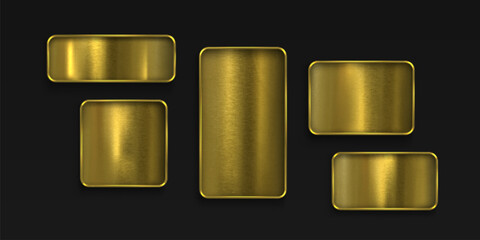 Golden metal tag badge with brushed steel texture and glowing borders on black background. Luxury frame collection - rectangular and square plates with polished surface finish for signboards design