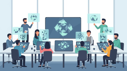 Fototapeta premium Innovative teamwork session highlighting digital design and creative collaboration in a modern