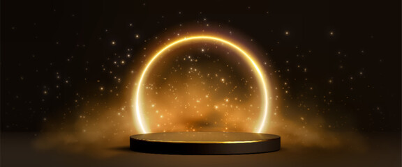Black podium with golden light circle and sparkling particles on dark background. Luxury stage platform with glowing arch, shimmering stars and elegant award ceremony or product presentation.