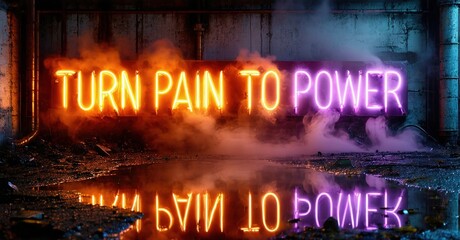 Naklejka premium Neon sign displays motivational phrase. Reflections visible on wet surface. Dark, gritty industrial setting creates dramatic effect.