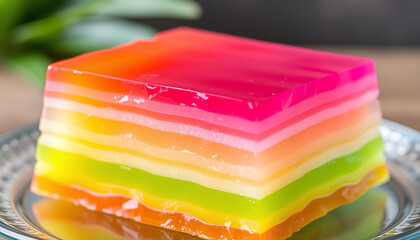 Layered jelly crystal dessert in vibrant tropical colors, cut in cross-section to show its translucent interior 2
