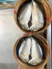 Fresh thai mackerel in blamboo basket