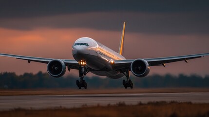 Naklejka premium airplane on the runway at sunset