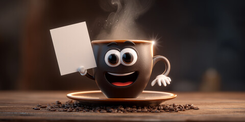 Close-up of a Friendly Smiling Anthropomorphic Coffee Cup Holding a Blank Sign with Copy Space. Resting on Roasted Coffee Beans in a Cozy Kitchen Scene, Designed for Coffee Advertising. Generative Ai.