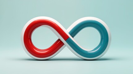 3d abstract sculpture formed by two intertwined smooth tubular shapes creating an infinity-like loop, has a glossy, high-polish plastic surface with bold color blocking.