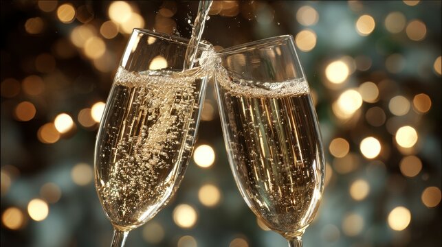 Two clear champagne flutes clink mid-air, liquid cascading within. Background blurred lights add warmth - Powered by Adobe