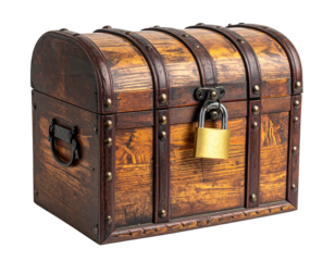 Old wooden chest, metal bands, gold padlock