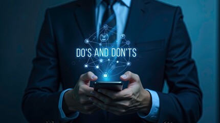 A businessman in a dark suit holding a smartphone, a holographic financial graph with connected nodes, icons, and data points is floating, above the phone with text reads DO'S AND DON'TS.
