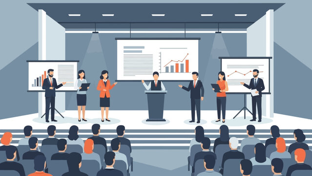 professional business conference with multiple speakers presenting data analysis and charts to
