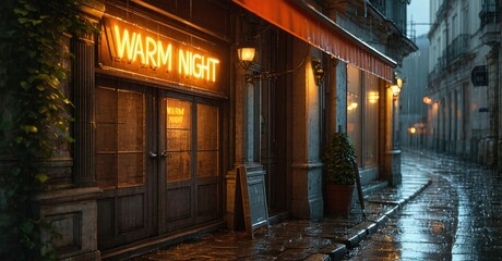 Rainy city street scene. Warm light emanates from shopfront, inviting atmosphere. Wet pavement reflects neon glow, creating moody ambiance.