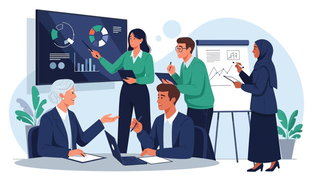 professional diverse team conducting data analysis and strategic planning in modern office