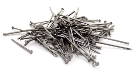 Pile of metal nails isolated on white background