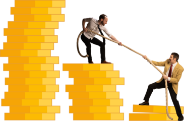 Bold artwork of business colleagues pulling rope on platforms on transparent background. Concept of teamwork effort, cooperation challenges, shared responsibility and corporate support.