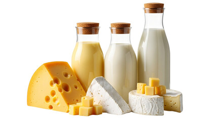 Fresh dairy assortment with cheddar cheese, milk bottles, and creamy brie on a transparent background