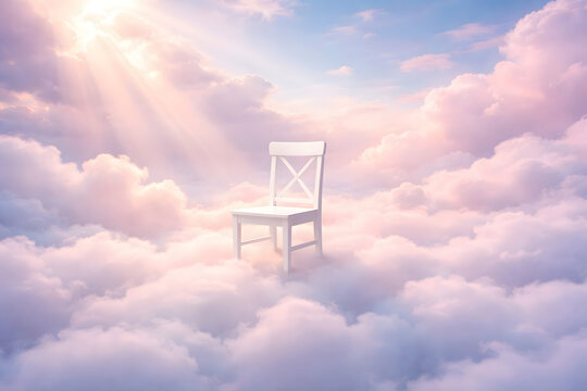 White wooden chair floating in a heavenly sky filled with soft pink and purple clouds and bright sun rays shining down, symbolizing hope, afterlife, or dreams
