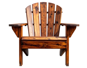 Weathered wooden outdoor chair with a contoured back and wide armrests