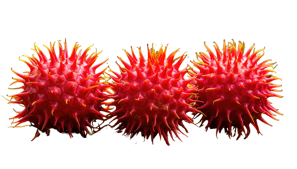 Three vibrant red spiky seed pods on a plain black background