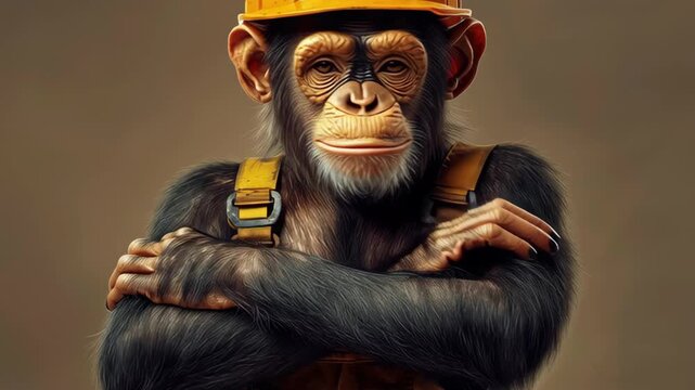 Chimpanzee wearing yellow hard hat and suspenders posing with arms crossed