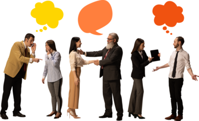 Modern composition of professionals exchanging information on transparent background. Concept of information flow, workflow clarity and corporate communication.