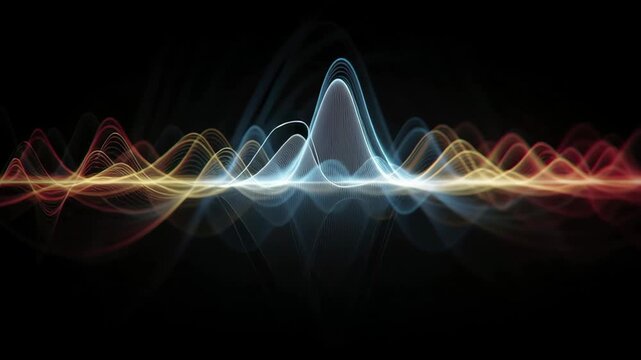 Colorful ai language learning app concept featuring abstract sound wave pattern, glowing lines, dark background, digital communication, and modern technology innovation for education