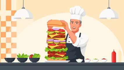 A smiling male chef in a white hat and apron proudly finishes assembling a giant, multi-layered burger in a professional kitchen.