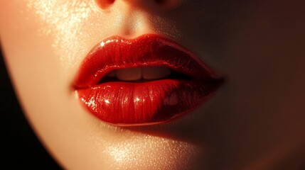 Fototapeta premium A vibrant captivating closeup image of luscious and beautifully shaped red lips, showcasing a stunning bold glossy lip color that is truly a work of art in the world of cosmetics and beauty expression