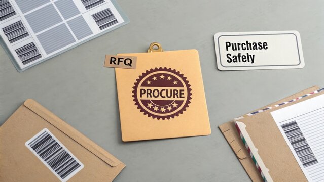 Flat Lay of RFQ Card Surrounded by Contract Folders Barcode Labels
