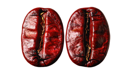 Two roasted, oval coffee beans, showing rich color and textures