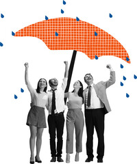 Naklejka premium Abstract mixed media of business team under umbrella on transparent background. Concept of risk management, corporate protection and business security.