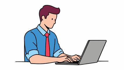 Man in Blue Shirt and Red Tie Typing on Laptop Computer.