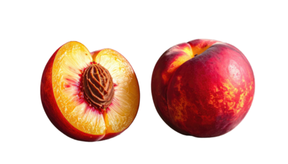 Two halves of a ripe peach; one cut open to reveal the pit