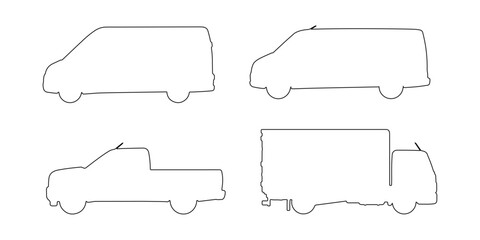 CAD Drawings. Side view set of commercial vehicles outline including delivery van, cargo van, pickup truck, and box truck isolated on white background. Vector illustration. © MkJutt
