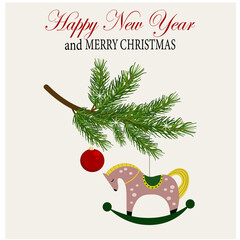 Merry Christmas and New Year card with a tree branch and toys