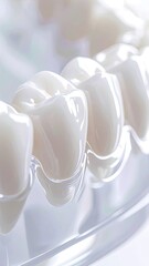 Close-up abstract visualization of gleaming, perfectly formed white dental crowns.