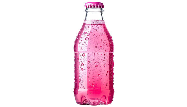 A clear glass bottle filled with a pink, bubbly, and refreshing beverage
