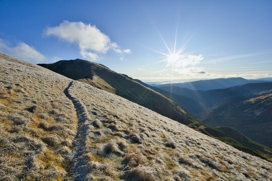 View of a winding path cuts through a frosted, golden hillside under a bright sun and blue sky, with distant mountains fading into the horizon, Nizke Tatry, Banska Bystrica Region, Slovakia.