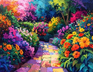Vibrant impressionistic garden path winding through a tapestry of multicolored flowers.