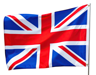 Waving, fabric national flag with red cross and diagonal stripes