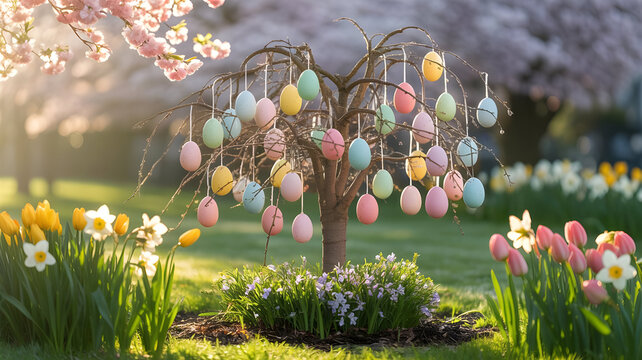 Easter egg tree in blooming garden with tulips and flowers - Powered by Adobe