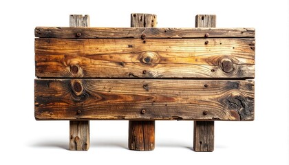 Fototapeta premium A rustic, weathered wooden sign structure with visible grain and metal fasteners.