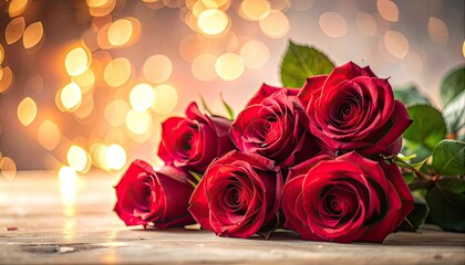 A romantic display of deep red roses resting on a wooden surface with a warm, golden bokeh background.