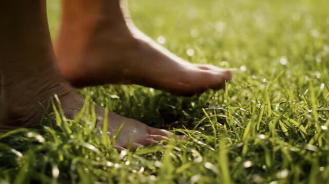 Bare feet gently stepping on lush green grass covered in morning dew, symbolizing connection with nature.