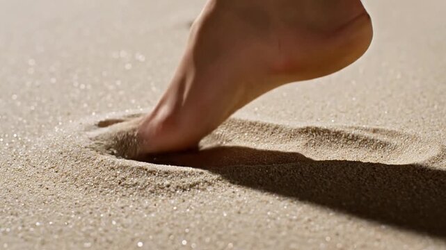 A close-up shot of a bare foot gently pressing into fine, light-colored sand, leaving an impression.